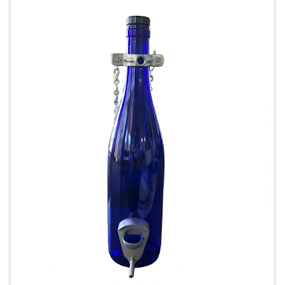 Blue Glass Bottle Bird Feeder